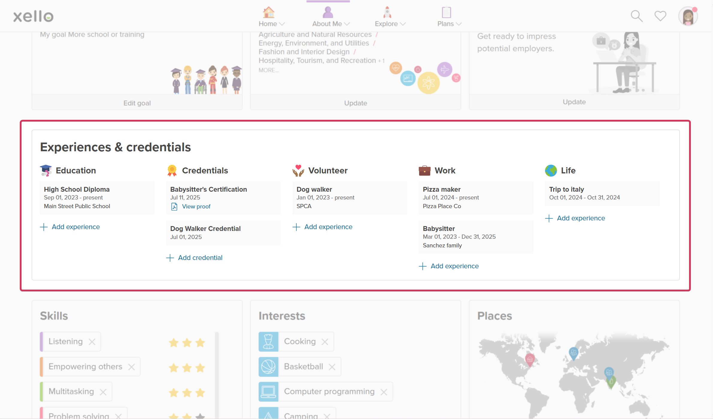 Student Experiences & credentials timeline in Xello